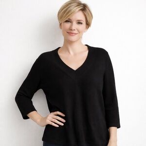 Just Cashmere By Forte V-Neck Pullover Sweater Size Medium Black 3/4 Sleeve